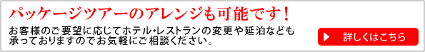 パッケージツアーのアレンジも可能です！お客様のご要望に応じてホテル・レストランの変更や延泊なども承っておりますのでお気軽にご相談ください。