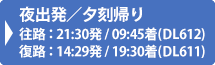 デルタ航空（DL）往路　21：30発/09:45着(DL612)　復路　14:29発/19：30着(DL611)