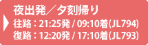 日本航空（JL）往路　21：25発/09:10着(JL794)　復路　12：20発/17：10着(JL793)