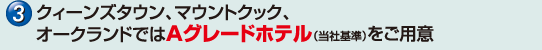 クィーンズタウン、マウントクック、オークランドではAグレードホテル（当社基準）をご用意