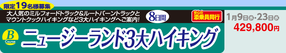 Bコース　ニュージーランド3大ハイキング8日間
