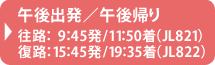 日本航空（JL）午後出発／午後帰り　往路：9：45発/11：50着（JL821）｜復路：15：45発/19：35着（JL822）