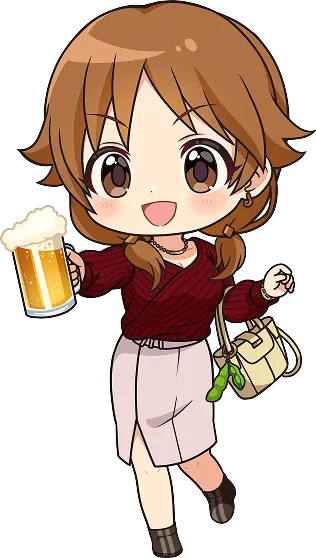 笑顔でビールジョッキを右手に掲げる茶髪ショートボブのアイドル、片桐早苗のちびキャライラスト。