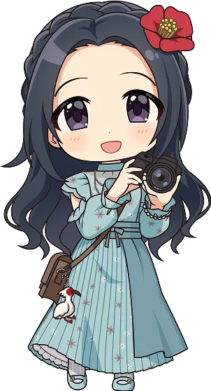 両手で一眼レフカメラを構えて微笑む、黒髪ロングヘアのアイドル、江上椿のちびキャライラスト。