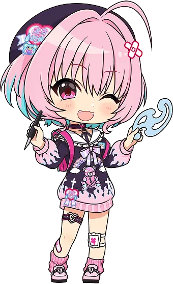 右手にペン、左手に雲型定規を持ち、ウインクをして笑うピンク髪のアイドル、夢見りあむのちびキャライラスト。