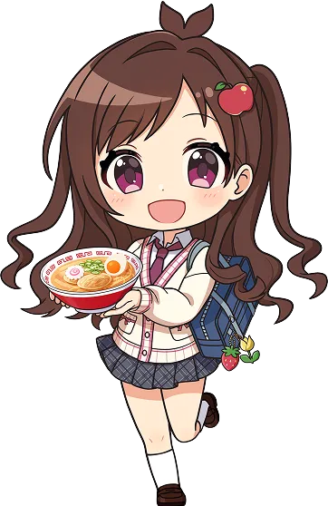 具だくさんのラーメンどんぶりを両手で持ち、嬉しそうに走る茶髪ツインテールのアイドル、辻野あかりのちびキャライラスト。
