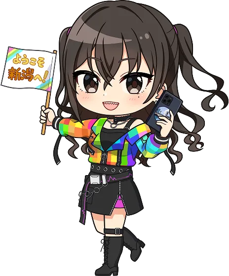 右手にミニフラッグ、左手にスマートフォンを持ち、クールに微笑む黒髪サイドポニーのアイドル、砂塚あきらのちびキャライラスト。