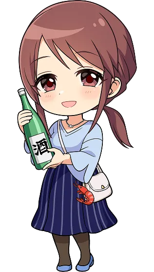 「酒」と書かれた日本酒の一升瓶を右手に抱え、おっとりと微笑むオリーブブラウン髪のアイドル、三船美優のちびキャライラスト。