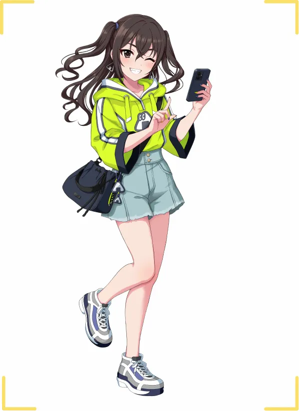 アイドルマスター シンデレラガールズの砂塚あきらが、ネオンイエローのパーカーとデニムのショートパンツを着用し、スマートフォンを手に持ちながらウインクをしている全身イラスト。