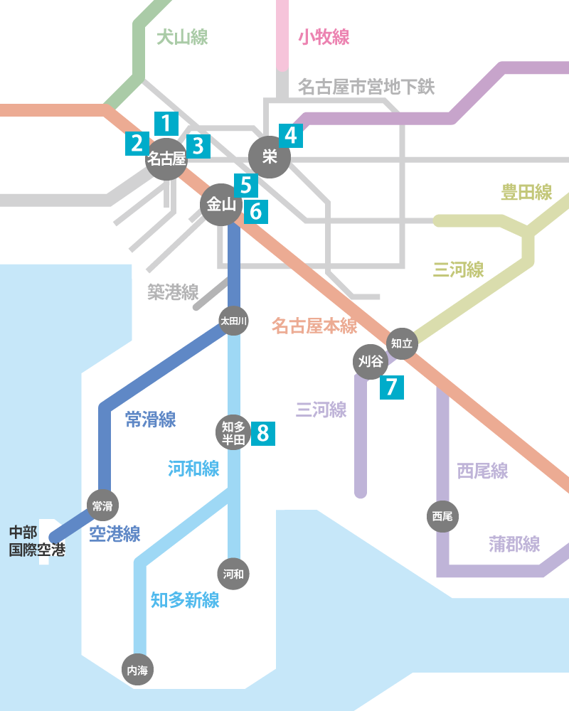 名鉄路線図と各ホテルの位置